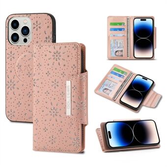 Voor iPhone 14 Pro Glitter Bloem Ontwerp Afneembare Telefoon Portemonnee Case PU Leer + TPU Shockproof Cover