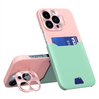 Voor iPhone 14 Pro PU-leer + pc-telefoon Achterkant Kaartsleufontwerp Drop-proof hoesje met metalen lensbeschermer Kickstand