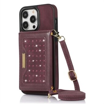 Voor iPhone 14 Pro RFID-blokkerende telefoonhoes met schouderriem, portemonnee met strass-decor Standaard lederen gecoate TPU-achterkant