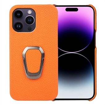 Voor iPhone 14 Pro Litchi Textuur Schokbestendig Telefoon Cover Ring Kickstand Echt Leer Gecoat PC Anti-Drop Beschermhoes