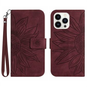 Flip-telefoonhoes voor iPhone 14 Pro, HT04 bedrukte zonnebloem handsfree Stand PU lederen skin-touch magnetische portemonnee-hoes met riem