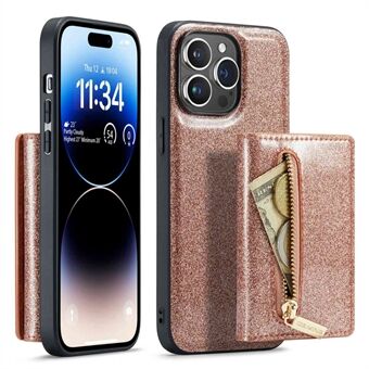 DG.MING M3-serie voor iPhone 14 Pro 2-in-1 Glittery PU-leer gecoat PC + TPU beschermend telefoonhoesje standaard magnetisch afneembare ritssluiting portemonnee telefoonhoes