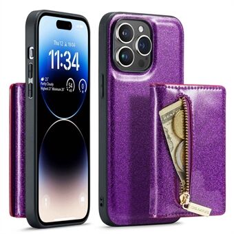 DG.MING M3-serie voor iPhone 14 Pro 2-in-1 Glittery PU-leer gecoat PC + TPU beschermend telefoonhoesje standaard magnetisch afneembare ritssluiting portemonnee telefoonhoes