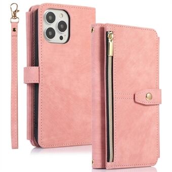 Voor iPhone 14 Pro Ritsvak Folio PU lederen hoes Magnetische sluiting Meerdere kaartsleuven Stand Flip Wallet Cover