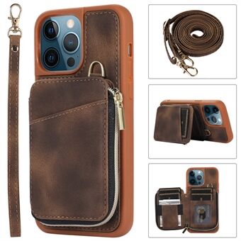 Voor iPhone 14 Pro Card Bag Design Kickstand Cover Drop Proof PU-leer gecoat TPU-telefoonhoesje met hand- en schouderriem