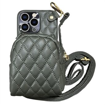 Voor iPhone 14 Pro Crossbody-riem Portemonneehoes voor mobiele telefoon Rhombus PU-leer gecoat PC-rits Telefoonhoes met kaarthouder en schouderriem