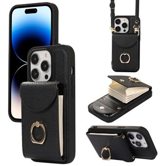 Voor iPhone 14 Pro Ring standaard telefoonhoes accordeon stijl kaartsleuven leer gecoate TPU hoes met schouderriem