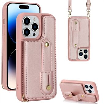 Voor iPhone 14 Pro Polsband Kickstand Armband Telefoonhoesje PU-leer gecoate TPU-kaartsleufafdekking