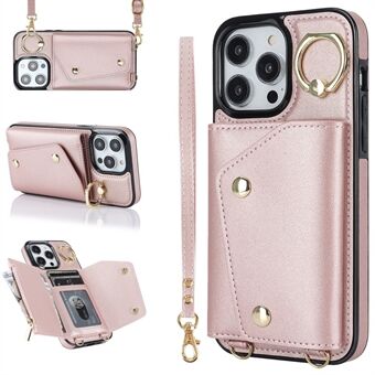 Rits Portemonnee Ring Kickstand Telefoonhoes voor iPhone 14 Pro , PU-leer gecoate TPU Crossbody-telefoonhoes