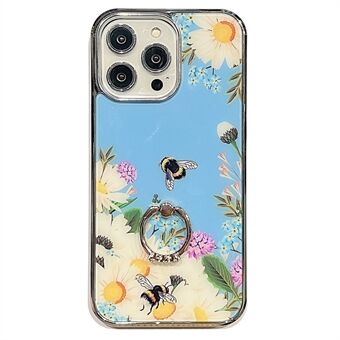 Voor iPhone 14 Pro Ring Kickstand Anti-val telefoonhoes IMD Bloemenpatroon Galvaniseren PC + TPU Cover