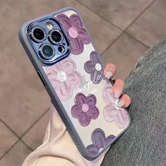 Back Shell met Lens Film voor iPhone 14 Pro , Glitter Camera Ring Olieverf Bloemen Telefoon Case TPU Cover