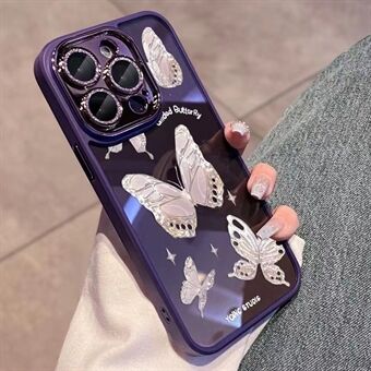 Voor iPhone 14 Pro Glittery Powder Decor Shell Platinum Butterfly Glass + TPU Case Phone Cover