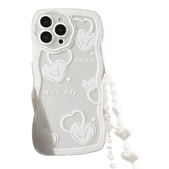 Voor iPhone 14 Pro TPU Shell Clear Cover Heart Pattern Wavy Edge mobiele telefoonhoes met polsband