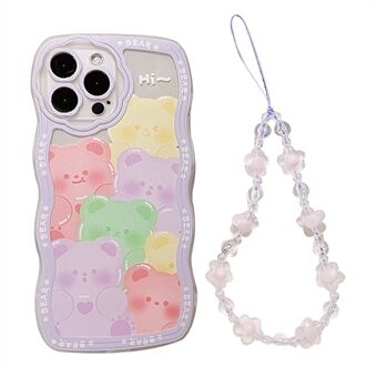 Voor iPhone 14 Pro Smartphone Case Bear Pattern Clear TPU Cover met paarse bloem polsband