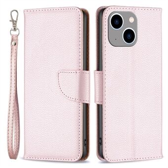 BF Leren Case Series-3 voor iPhone 14 Plus 6,7 inch Slijtvaste Anti-val Effen Kleur Cover Litchi Textuur PU Lederen Cover Stand Portemonnee Telefoon Case met Riem