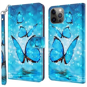 Voor iPhone 14 Plus 6.7 inch Anti-val PU Lederen Telefoon Case Stand 3D Patroon Gedrukt Magneet Sluiting Portemonnee Schokbestendig Telefoon Cover met Riem