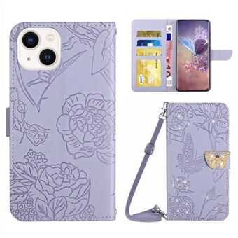 Voor iPhone 14 Plus Vlinder Bloemen Bedrukt Strass Decor Magnetische Sluiting Telefoon Cover Portemonnee Stand Lederen Case met Schouderriem