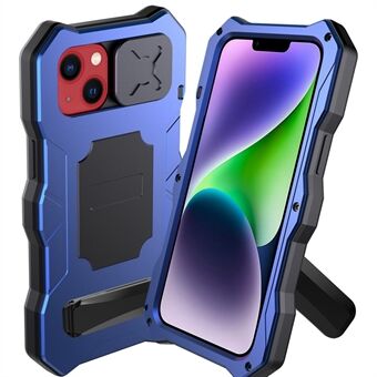 Voor iPhone 14 Plus Fall Proof Telefoon Case Metaal + Siliconen Telefoon Shell Kickstand Lens Bescherming Schuifhoes met Gehard Glas Film