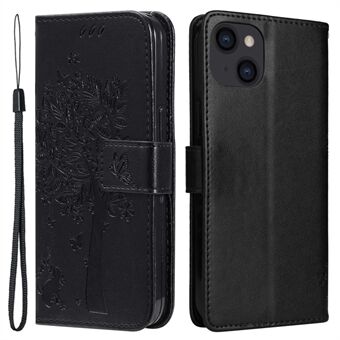 KT Imprinting Flower Series-3 Telefoon Case voor iPhone 14 Plus 6,7 inch Anti- Scratch PU Leer Bedrukt Krabpaal Patroon Portemonnee Stand Telefoon Cover met Riem
