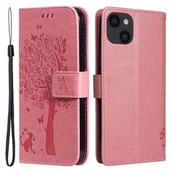 KT Imprinting Flower Series-3 Telefoon Case voor iPhone 14 Plus 6,7 inch Anti- Scratch PU Leer Bedrukt Krabpaal Patroon Portemonnee Stand Telefoon Cover met Riem