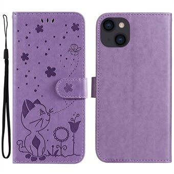 KT Imprinting Flower Series-4 telefoonhoes voor iPhone 14 Plus 6,7 inch bedrukt kat- en bijenpatroon PU-leer goed beschermde Stand met riem
