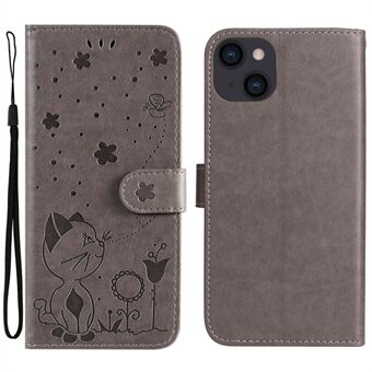 KT Imprinting Flower Series-4 telefoonhoes voor iPhone 14 Plus 6,7 inch bedrukt kat- en bijenpatroon PU-leer goed beschermde Stand met riem