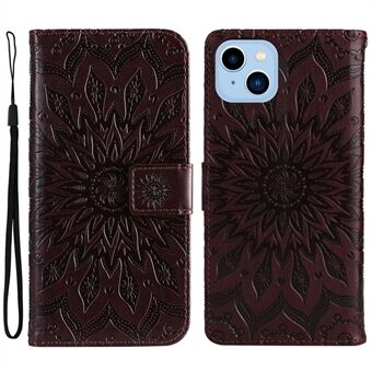 KT Imprinting Flower Series-1 voor iPhone 14 Plus 6.7 inch Flip Wallet Case Stand Zonnebloem Imprinting PU lederen telefoon Cover met riem