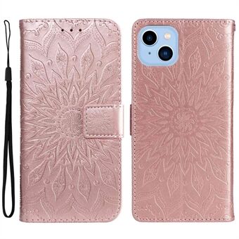 KT Imprinting Flower Series-1 voor iPhone 14 Plus 6.7 inch Flip Wallet Case Stand Zonnebloem Imprinting PU lederen telefoon Cover met riem