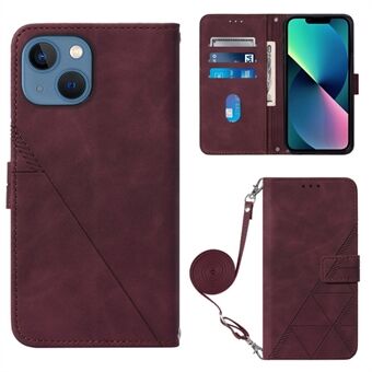 Voor iPhone 14 Plus 6.7 inch YB Imprinting Series-2 Zakelijke Stijl Stand Telefoon Cas PU Leer Bedrukte Lijnen Wallet Cover met Schouderriem