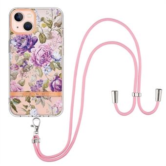 YB IMD-11 Serie voor iPhone 14 Plus 6.7 inch Anti- Scratch IMD TPU Telefoon Case Bloem Patroon Galvaniseren Mobiele Telefoon Cover met Lanyard
