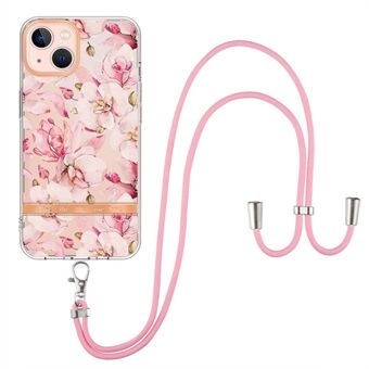 YB IMD-11 Serie voor iPhone 14 Plus 6.7 inch Anti- Scratch IMD TPU Telefoon Case Bloem Patroon Galvaniseren Mobiele Telefoon Cover met Lanyard