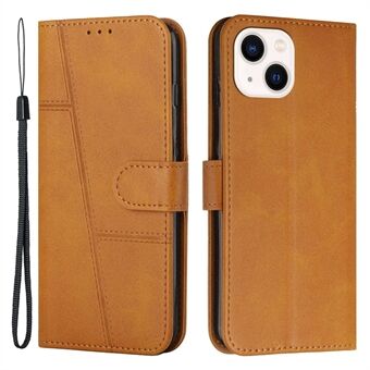 Voor iPhone 14 Plus 6.7 inch Stiksels PU Lederen Telefoon Cover Portemonnee Opvouwbare Stand Folio Flip Case met Riem: