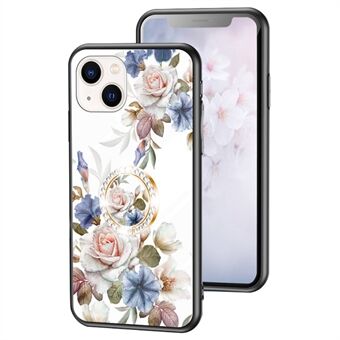 Voor iPhone 14 Plus 6.7 inch TPU + PC + Gehard Glas Bloempatroon Afdrukken Telefoon Case Protector met Ring Kickstand