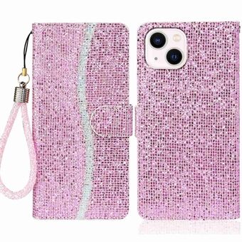 Voor iPhone 14 Plus Glitter Bling PU Lederen Opvouwbare Stand Telefoon Case Portemonnee Stijl Flip Shell met Polsband:
