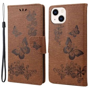 Voor iPhone 14 Plus Stofdichte Telefoon Cover PU Leer Big Vlinders Bloem Patroon Opdruk Portemonnee Case met Riem: