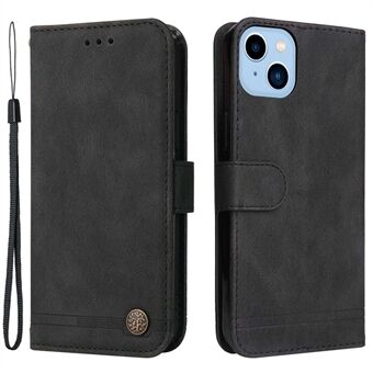 Voor iPhone 14 Plus Boom Patroon Hardware Decor PU Lederen Telefoon Stand Portemonnee Case Lijnen Bedrukt Schokbestendig Cover met Riem: