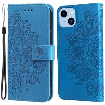 Voor iPhone 14 Plus Bloem Opdruk PU Lederen Volledige Bescherming Telefoon Case Magnetische Sluiting Portemonnee Stand Cover met Riem: