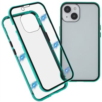 Voor iPhone 14 Plus All-round Bescherming Metalen Bumper + Dubbelzijdig Geharde Glas Slijtvast Magneet Telefoonhoesje