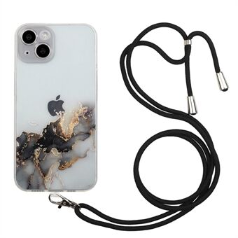 Telefoonhoesje voor iPhone 14 Plus, marmerpatroon Anti-val reliëf TPU-beschermer met lanyard