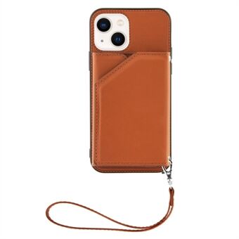 YB Leather Coating Series-2 voor iPhone 14 Plus Kickstand Kaartsleuven Ontwerp Anti-drop Case Skin-touch PU-leer gecoate TPU Back Cover met riem