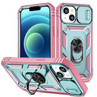Voor iPhone 14 Plus Anti-val PC + TPU Kickstand Functie Telefoon Protector Sliding Camera Lens Cover Design Case met Card Slot: