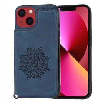 Voor iPhone 14 Plus Mandala Bloem Opdruk Leer Gecoate TPU Smartphone Case Card Slot Kickstand Ontwerp Anti-drop Cover met Riem: