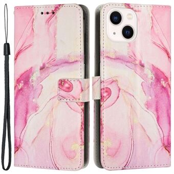 Voor iPhone 14 Plus PU-leer Marmerpatroonafdruk Cover Opvouwbare Stand Schokbestendig telefoonhoesje met riem: