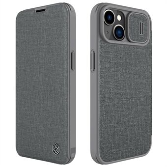 NILLKIN Qin Pro -serie voor iPhone 14 Plus Doek Textuur Telefoonhoes met schuiflensbeschermingshoes PU-leer Anti- Scratch Shell-kaarthouder