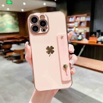 Klavertje vier patroon TPU-hoes voor iPhone 14 Plus, 6D galvaniseren standaard telefoonhoes met polsband