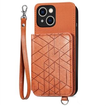 Kickstand Case met riem voor iPhone 14 Plus, geometrie bedrukte portemonnee autohouder metalen plaat leer gecoate TPU telefoonhoes