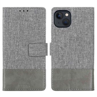 MUXMA MX102 voor iPhone 14 Plus canvas PU lederen splicing Stand case schokbestendige telefoon portemonnee cover