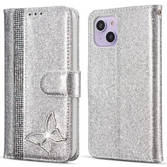 Voor iPhone 14 Plus Glanzende Leren Hoes met Metalen Diamant Portemonnee Standaard Cover