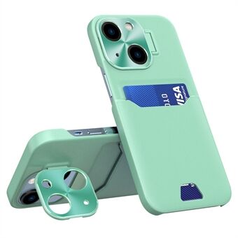 Voor iPhone 14 Plus metalen lensframe standaard ontwerp telefoon achterkant PU-leer + pc-beschermhoes met kaartsleuf