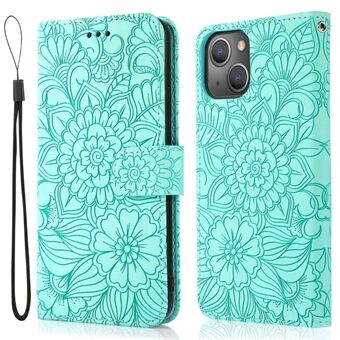 Voor iPhone 14 Plus PU lederen telefoonhoes Stand multifunctionele portemonnee bedrukt bloemenpatroon telefoonhoes met riem